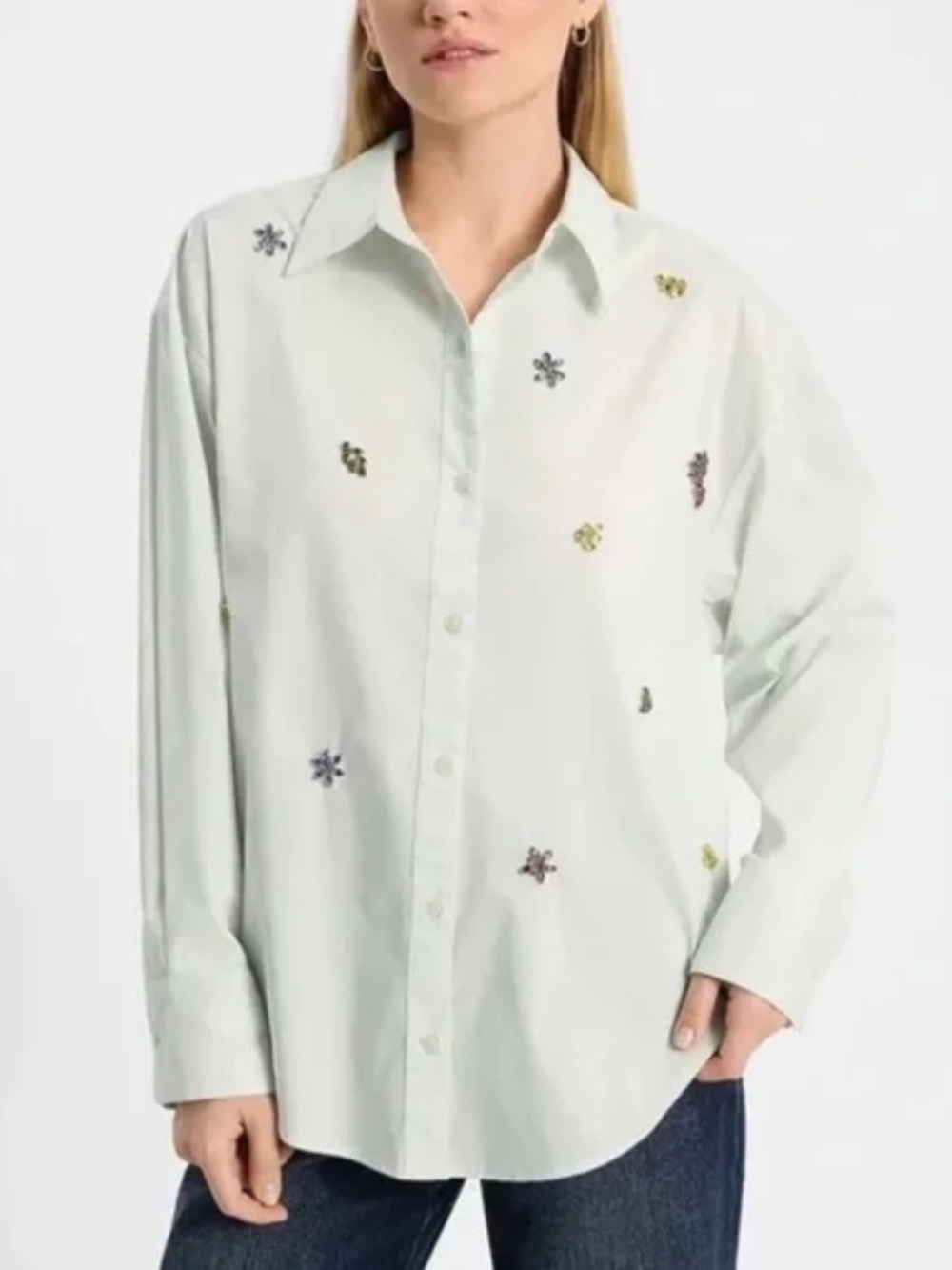Express Mint Green Jeweled Boyfriend Portofino Button Down Shirt